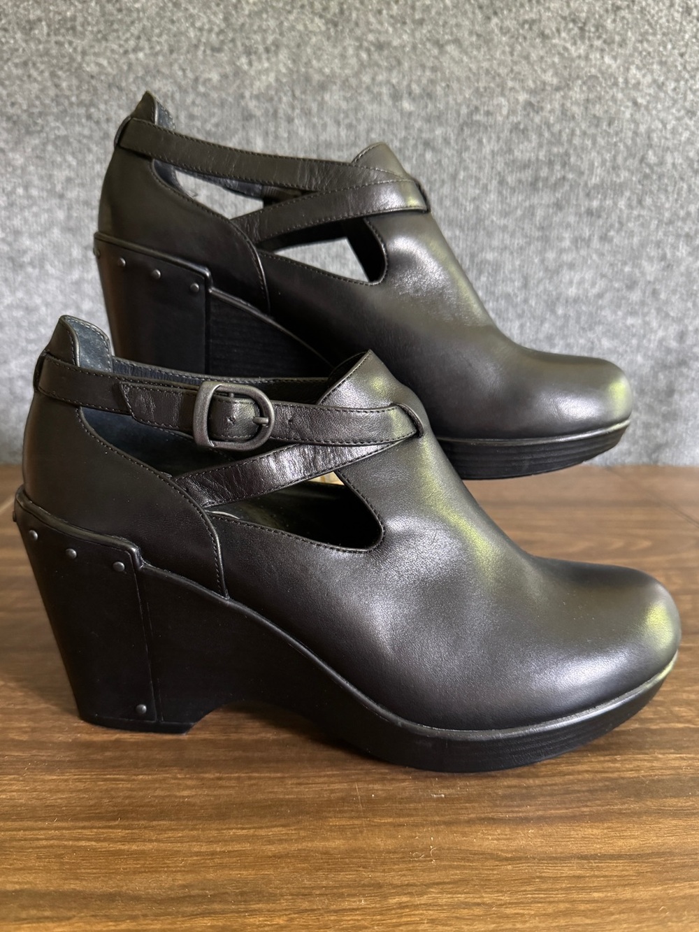 Dansko Franka Black Leather Mary Jane Platform Wedges Chunky Retro EU 39